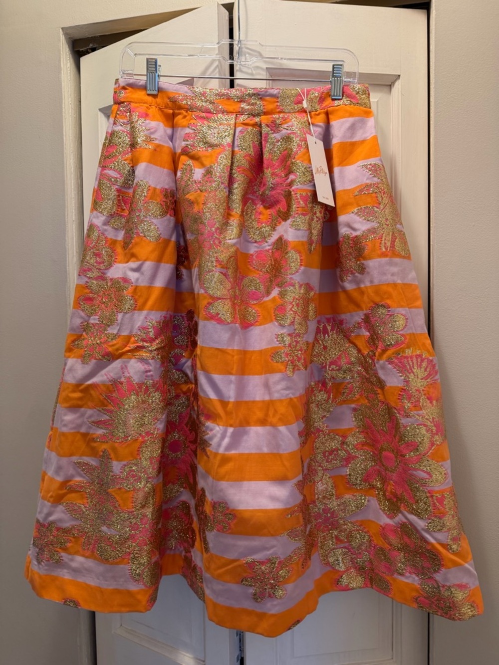 NWT LILLY PULITZER LAUDERDALE MIDI SKIRT SIZE 6 PAPAYA METALLIC FLORAL STRIPE